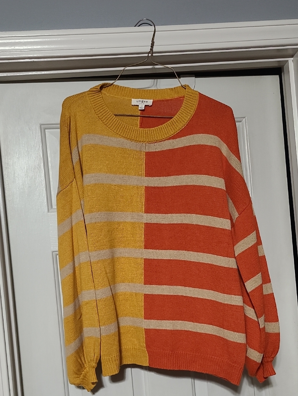 Umgee Split Colorblock Crewneck Sweater in Yellow, Orange & Cream